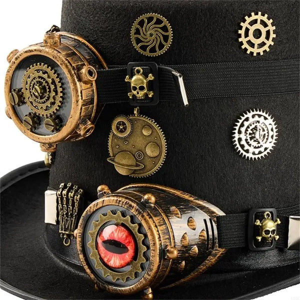 double lunettes steampunk, œil de cyclope, chapeau ingénieur rétro, accessoires steampunk, crânes steampunk, haut de forme noir