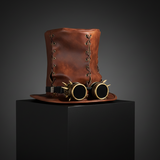 Haut-de-Forme Steampunk Cuir Marron avec Lunettes