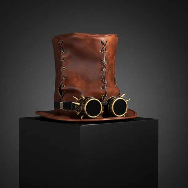 Haut-de-Forme Steampunk Cuir Marron avec Lunettes