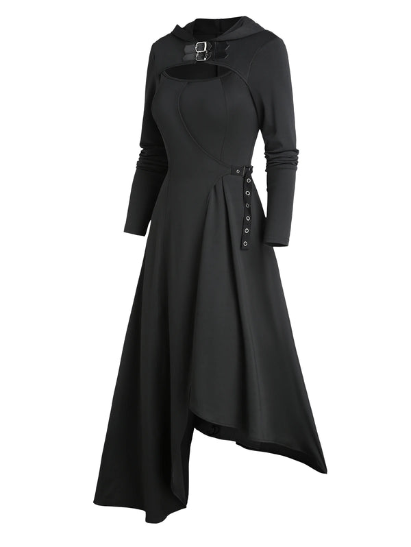 Robe Gothique Longue Noire à Capuche Asymétrique - Robe Sorcière Médiévale