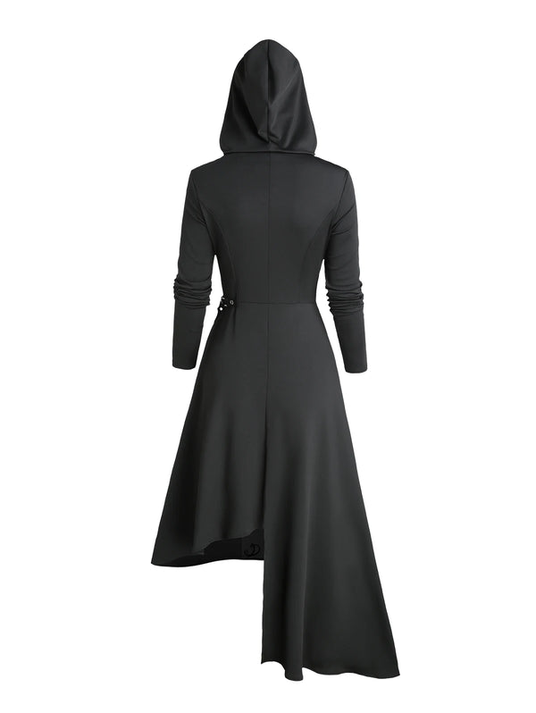 Robe Gothique Longue Noire à Capuche Asymétrique - Robe Sorcière Médiévale