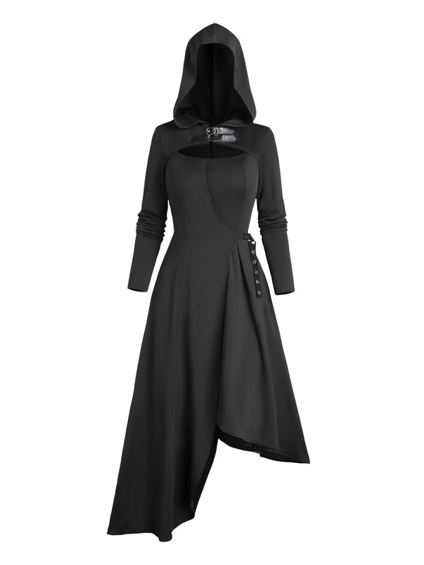 Robe Gothique Longue Noire à Capuche Asymétrique - Robe Sorcière Médiévale