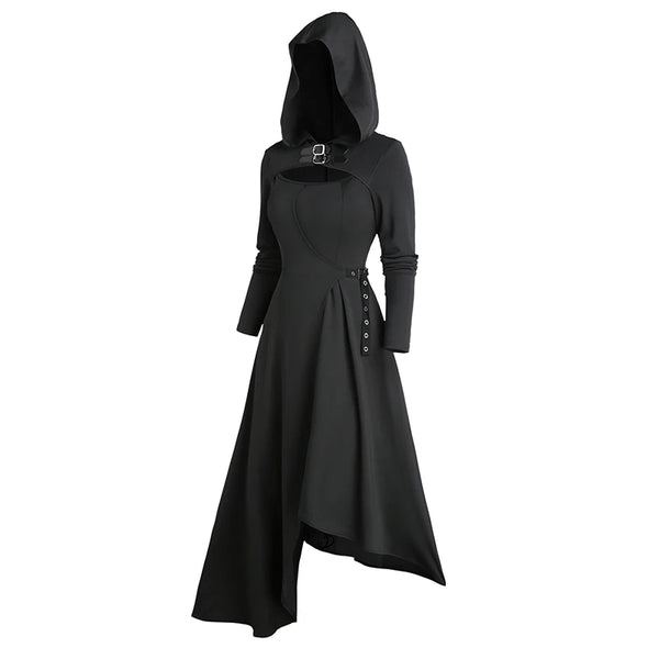 Robe Gothique Longue Noire à Capuche Asymétrique - Robe Sorcière Médiévale
