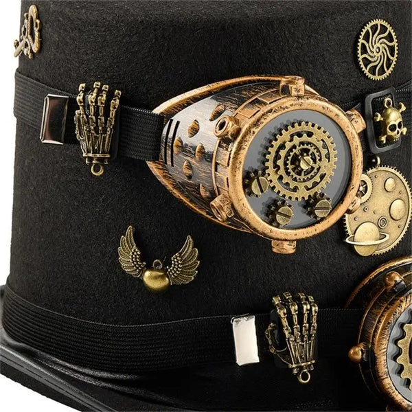 double lunettes steampunk, œil de cyclope, chapeau ingénieur rétro, accessoires steampunk, crânes steampunk, haut de forme noir